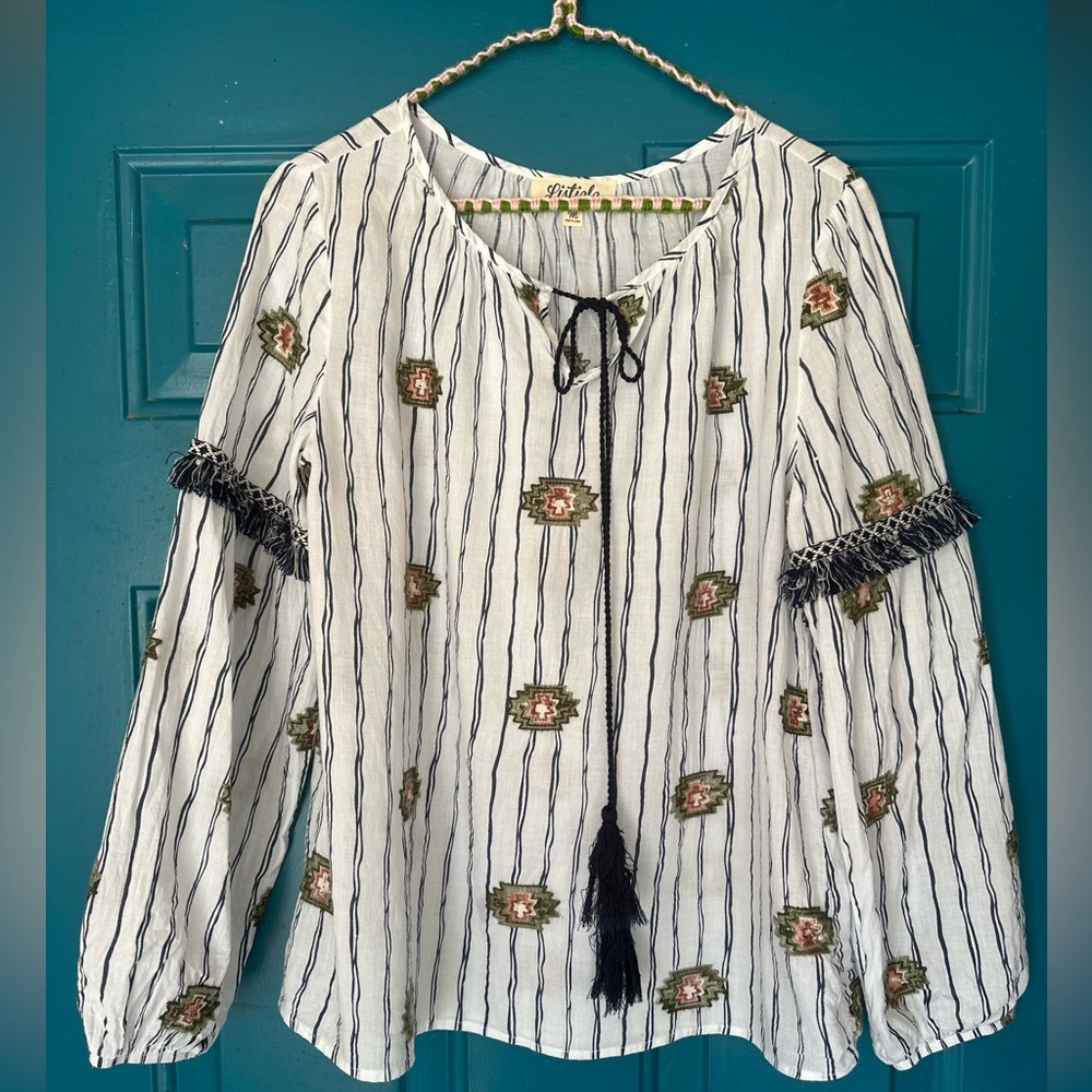 Listicle White and Black Striped Blouse with Embroidered Accents size M